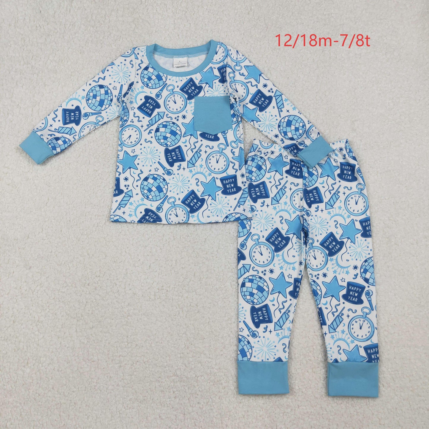 BLP1259 Baby Boys Light Blue Pocket Happy New Year Top Pant Pajamas Set C10.18