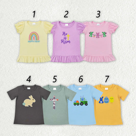 Sibling Boys Baby Girls Easter Cotton Embroidery Short Sleeve Shirt Tops