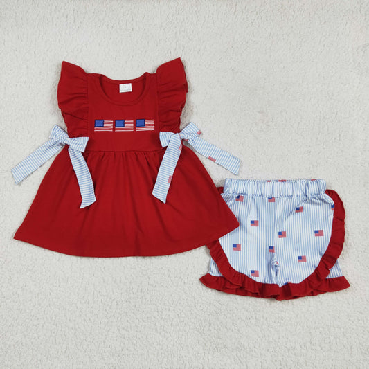 GSSO2375 Embroidery Baby Girls Red Flutter Sleeves Flags Bows Tunic Stripe Ruffle Short 4th Of July Set 4.18