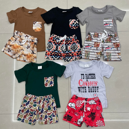 Sibling Baby Boys Brother Western Hunting Pockets Clothes Shorts Sets 7.21