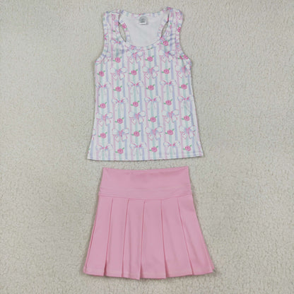 GT1014+GLK0088 Baby Girls Pink Sleeveless Flowers Bows Top Pleated Skirts Yoga Set 7.30