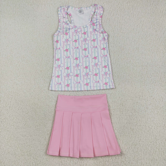 GT1014+GLK0088 Baby Girls Pink Sleeveless Flowers Bows Top Pleated Skirts Yoga Set 7.30