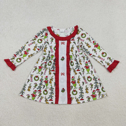 GLD1289 Embroidery Baby Girls Green Face Miss Bows Christmas Knee Length Dress C10.16