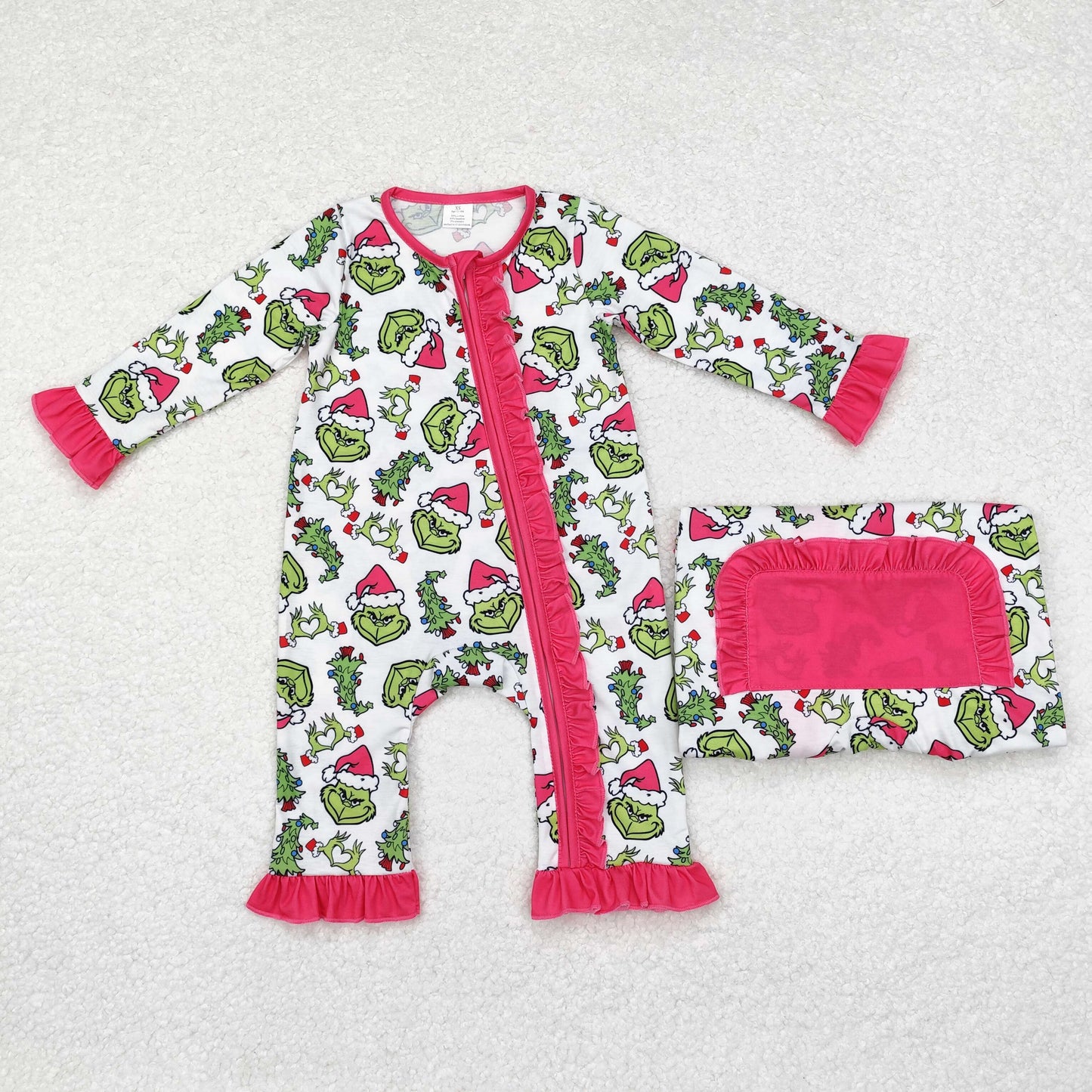 LR1337 Baby Infant Girls Pink Christmas Green Face Hearts Long Sleeve Ruffles Romper