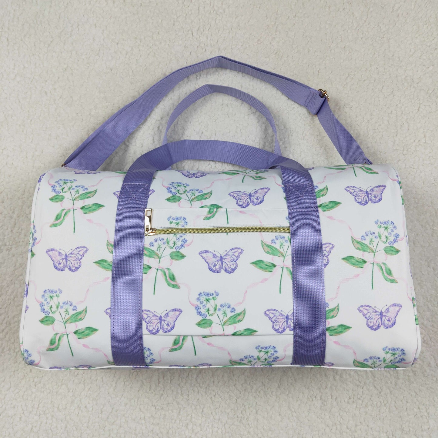 BA0293 Lavender Ruffle Butterfly Floral Print Gym Duffle Bag 7.7