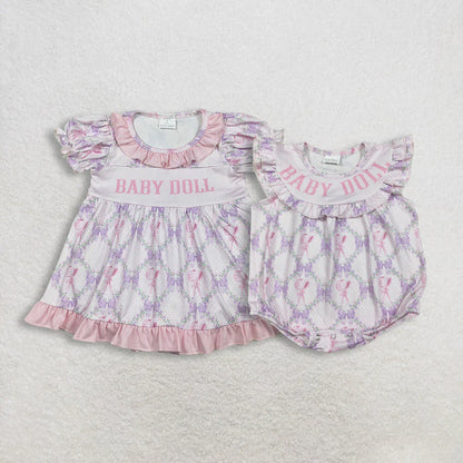 Sibling Baby Girls Baby Doll Flowers Bows Checked Collar Tunic Ruffle Rompers C11.18