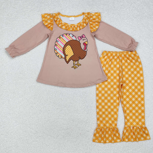 GLP1410 Baby Girls Thanksgiving Turkey Tunic Top Ruffle Pants Clothes Set