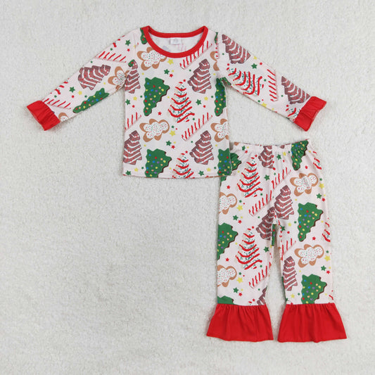 GLP1321 Girls Bamboo Christmas Tree cookies Gingerbread Man Lace Long sleeve pants pajamas set