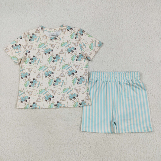 GSSO2614 Baby Girls Short Sleeves Golf Top Blue Stripes Short Pajamas Set 5.22