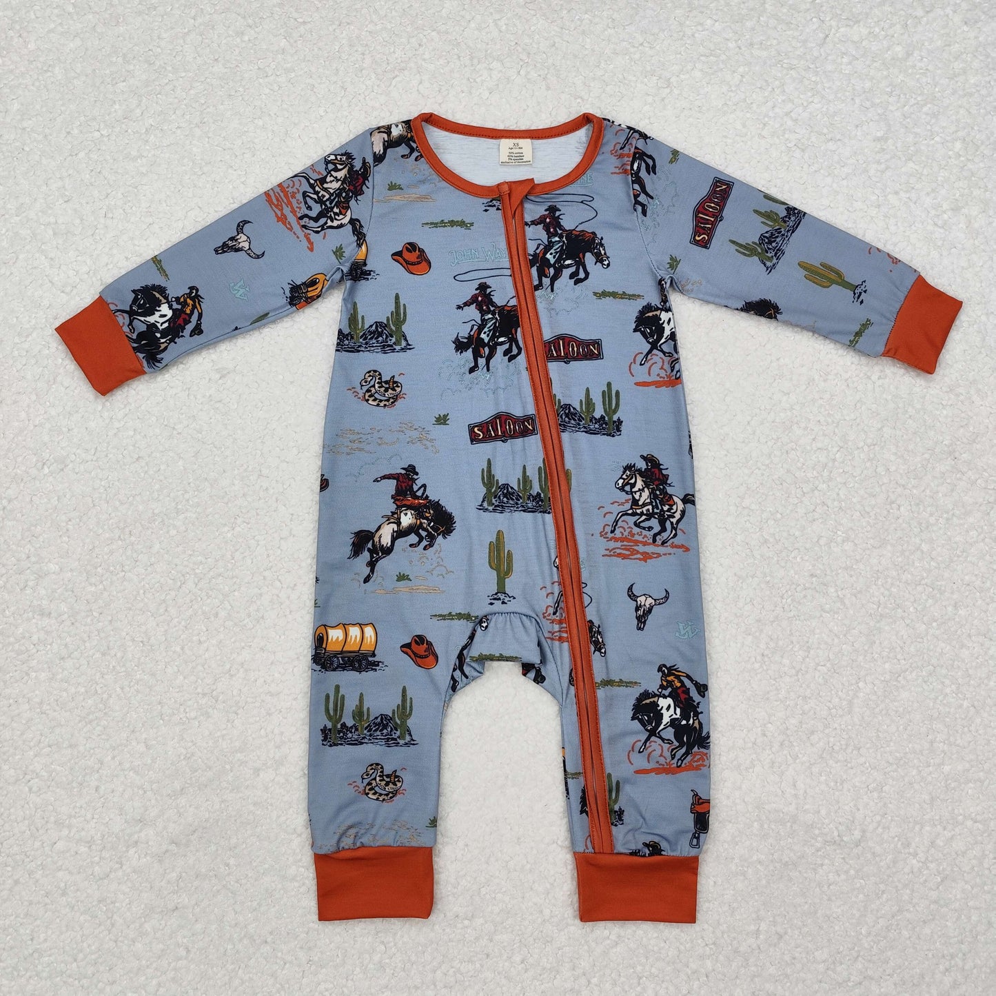 LR1858 Baby Infant Boys Western Rodeo Zip Bamboo Long Sleeve Romper