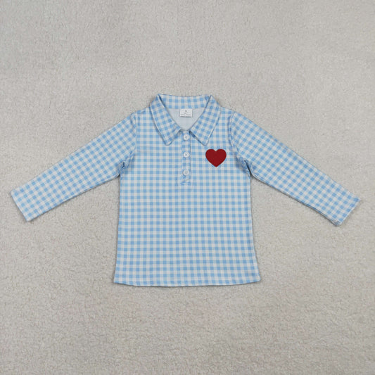 BT1386 Embroidery Baby Boys Blue Checked Valentine Hearts Button Polo Shirts Top C10.27