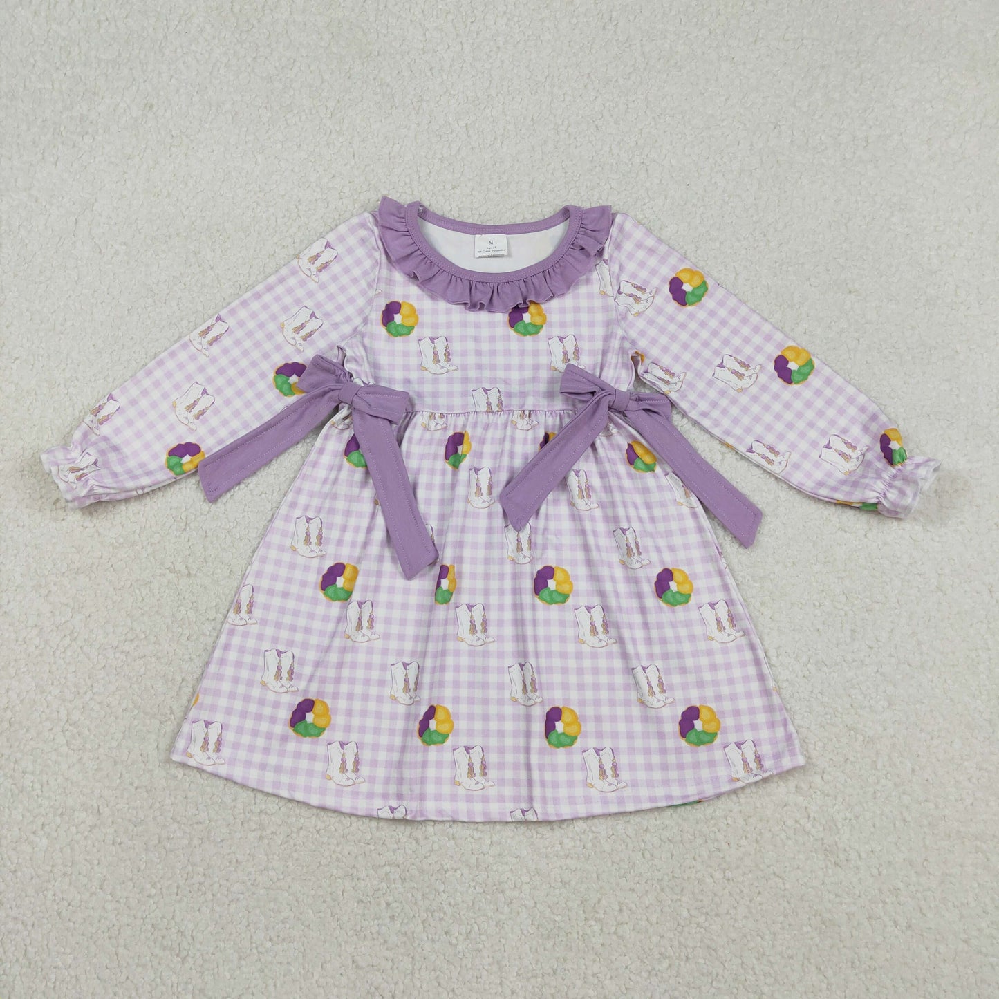 GLD1379 Baby Girls Purple Checked Boots Donuts Bows Mardigras Knee Length Dress C12.12
