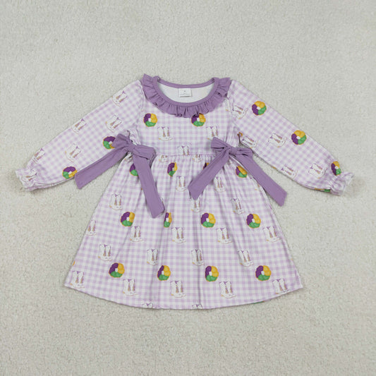 GLD1379 Baby Girls Purple Checked Boots Donuts Bows Mardigras Knee Length Dress C12.12