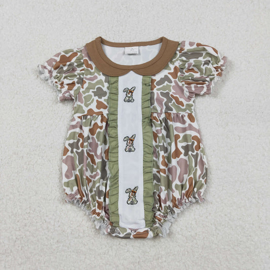 SR3259 Embroidery Baby Boys Olive Camo Rabbit Easter Ruffle Romper C11.24