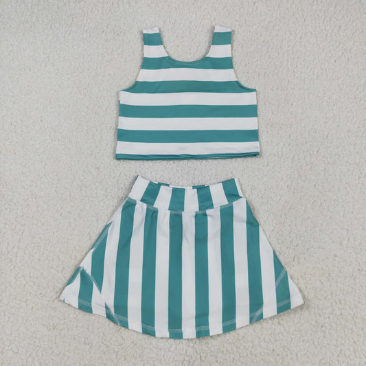 GSD2432 Baby Girls Sleeveless Green Stripe Top Skort Yoga Set 5.10