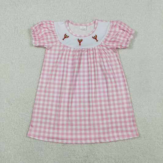 GSD2853 Embroidery Baby Girls Pink Checked Mardigras Crayfishes Knee Length Dress C11.6