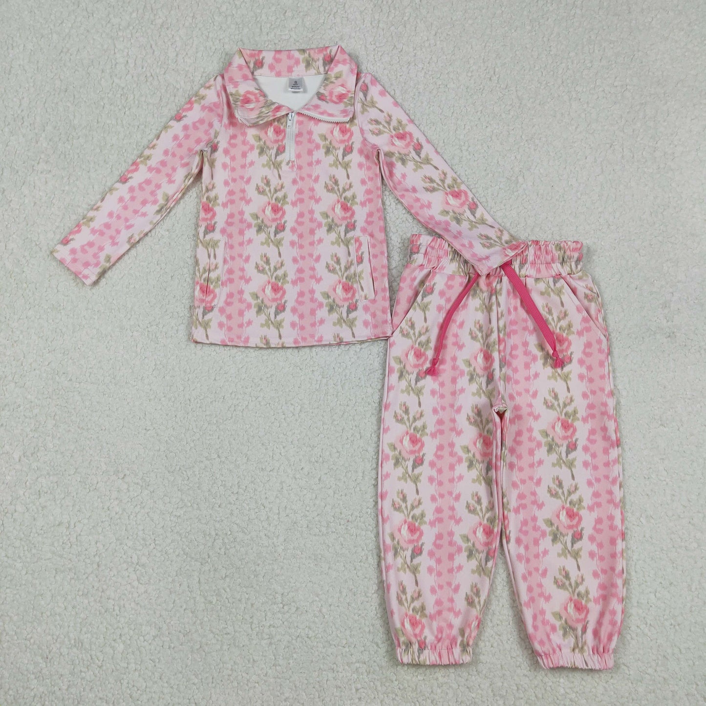 GLP2940 Baby Girls Pink Flowers Stripe Pockets Zipper Pullovers Jogger Pants Yoga Clothes Set C12.8