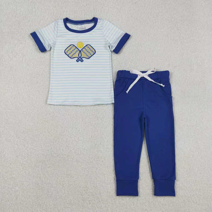 Sibling Baby Boys Blue Stripe Embroidery Tennis Pants Team Clothes Set Footie Rompers C12.1