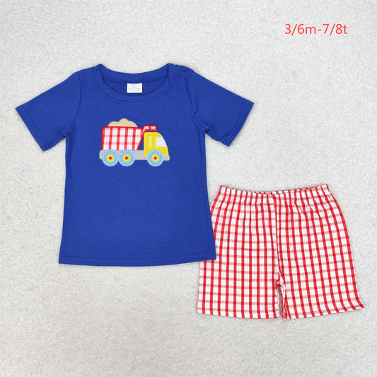 BSSO0857 Embroidered sand transport truck navy blue short sleeve red plaid shorts set