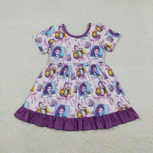 GSD3272 Baby Girls Purple Checked Bows Demon Hunter Ruffle Knee Length Dress C12.15