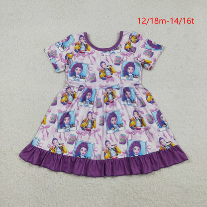 GSD3272 Baby Girls Purple Checked Bows Demon Hunter Ruffle Knee Length Dress C12.15
