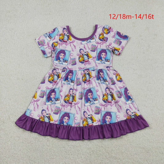 GSD3272 Baby Girls Purple Checked Bows Demon Hunter Ruffle Knee Length Dress C12.15