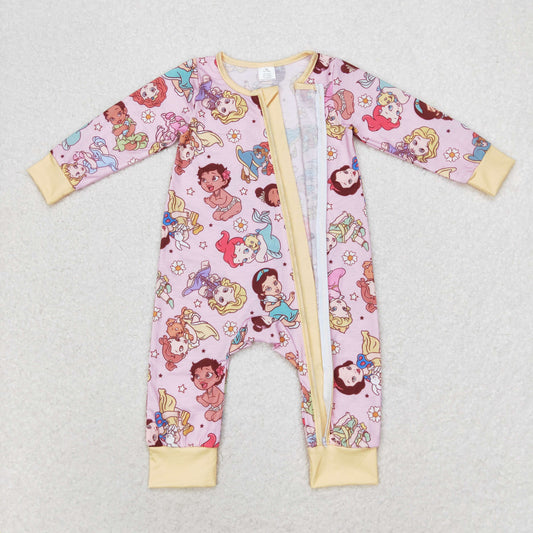 LR0968 Bamboo Girls cartoon pink yellow zipper long sleeve onesie