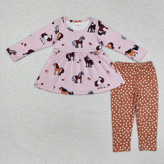 GLP2072 Baby Girls Horses Ruffle Tunic Top Legging Clothes Set