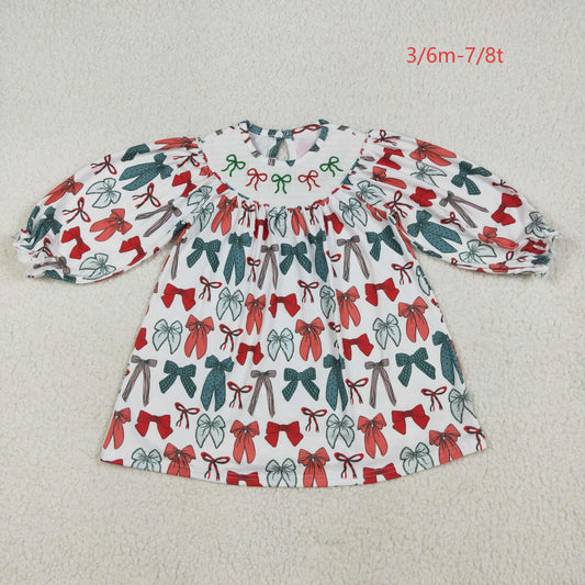 GLD1028 Baby Girls Long Ruffle Sleeves Colorful Bows Smocked Knee Length Dress 7.10
