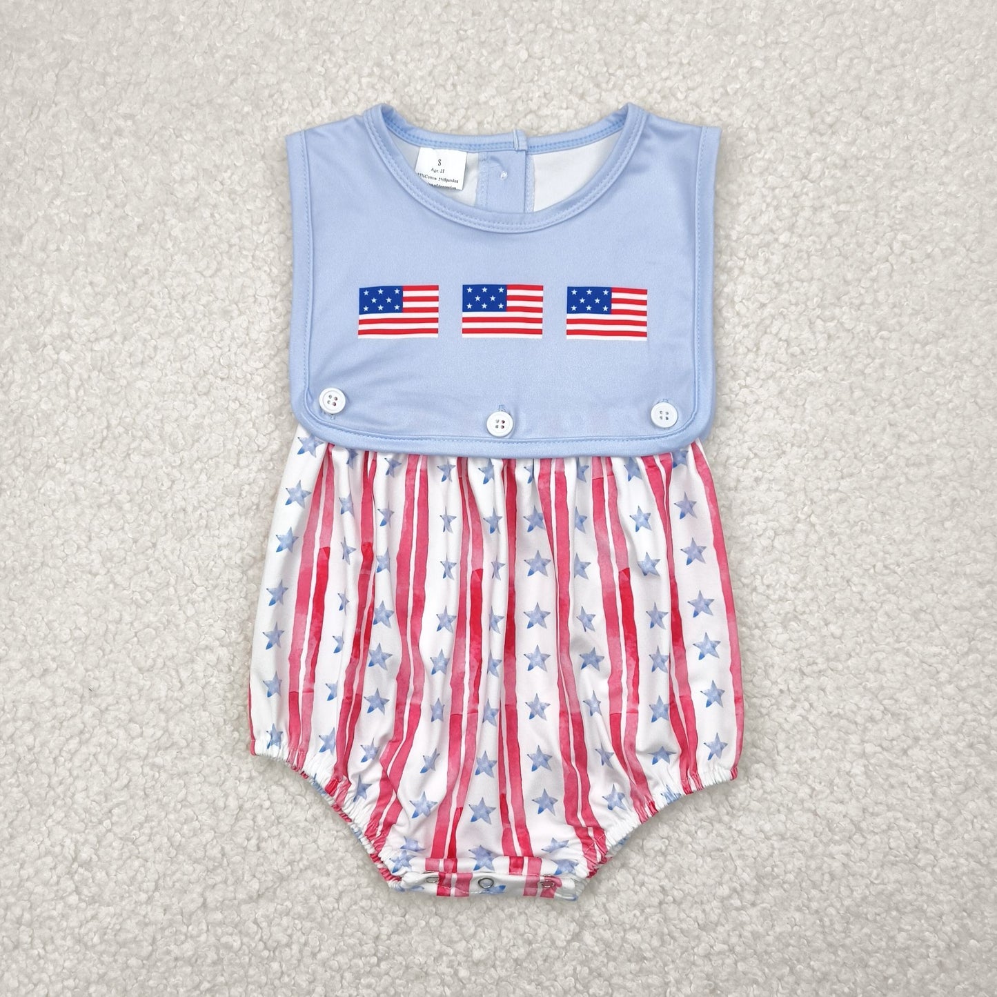 SR3049 Baby Boys Sleeveless Flags Red Stripe Stars 4th Of July Romper 5.5