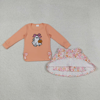 GLD1174 Embroidery Baby Girls Peach Long Sleeves Bows Ghost Pumpkins Top Leopard Skorts Set C9.3