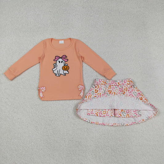 GLD1174 Embroidery Baby Girls Peach Long Sleeves Bows Ghost Pumpkins Top Leopard Skorts Set C9.3