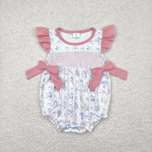 SR2923 Embroidery Baby Infant Girls Pink Flutter Sleeves Floral Bows Top Ruffle Romper