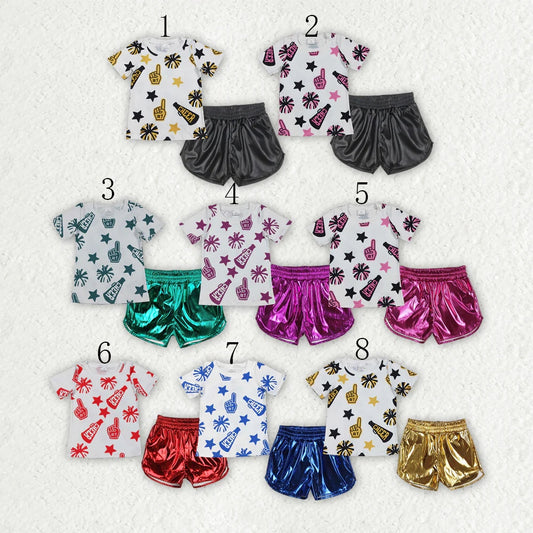 Sibling Baby Girls Cheer Team Shirts Top Leather Shorts Summer Clothes Sets 6.19