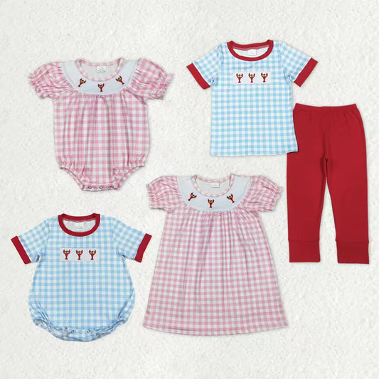 Sibling Baby Boys Girls Embroidery Anchor Crayfishes Mardigras Checked Clothes Set Dress Romper C11.10