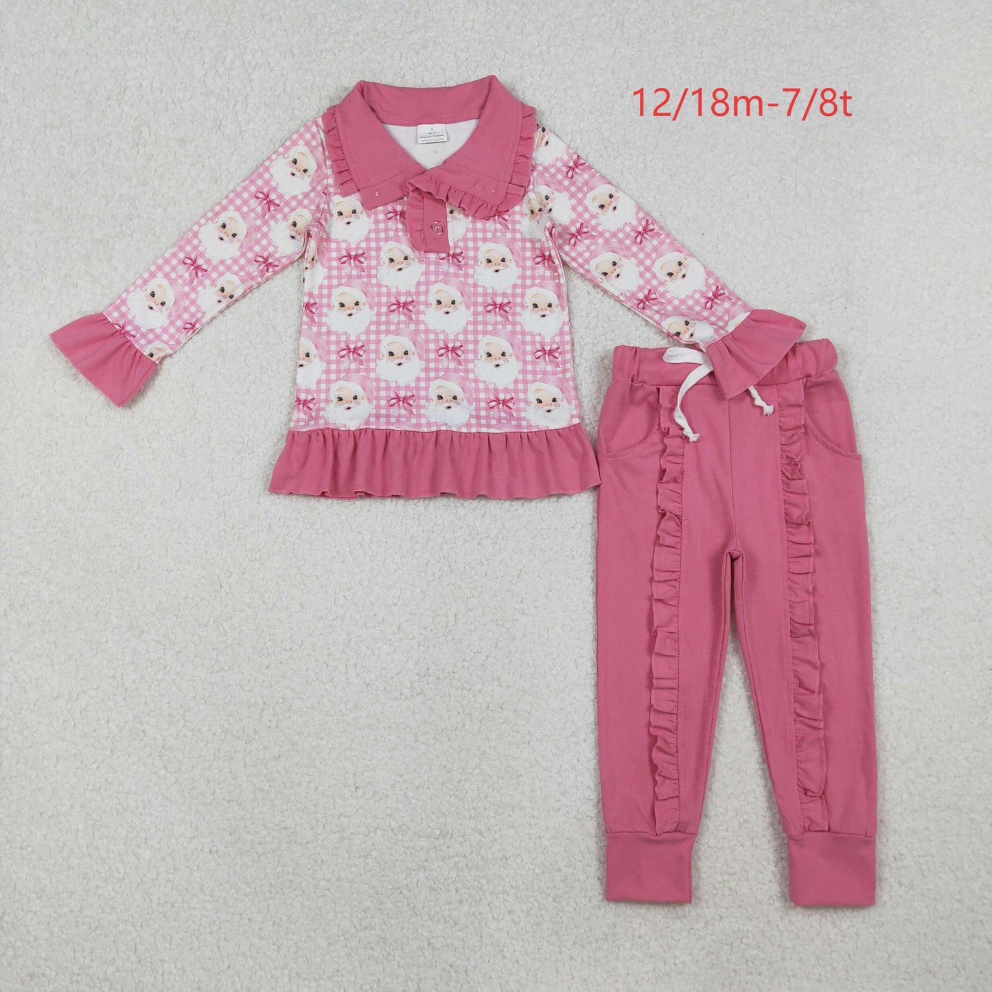 GLP2881 Baby Girls Pink Checked Santa Button Top Pockets Pants Christmas Clothes Set C10.16