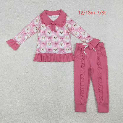 GLP2881 Baby Girls Pink Checked Santa Button Top Pockets Pants Christmas Clothes Set C10.16