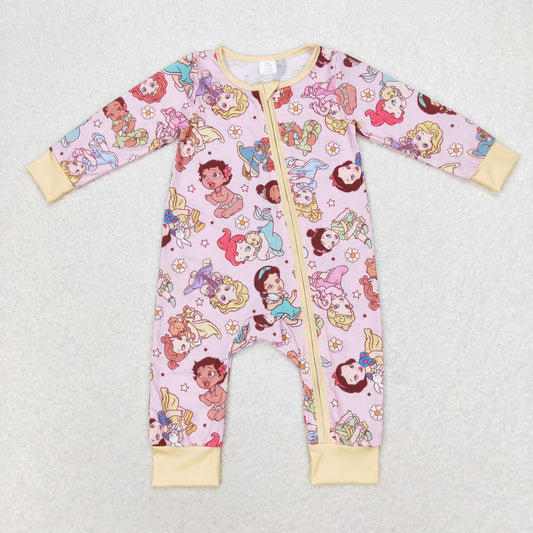 LR0968 Bamboo Girls cartoon pink yellow zipper long sleeve onesie