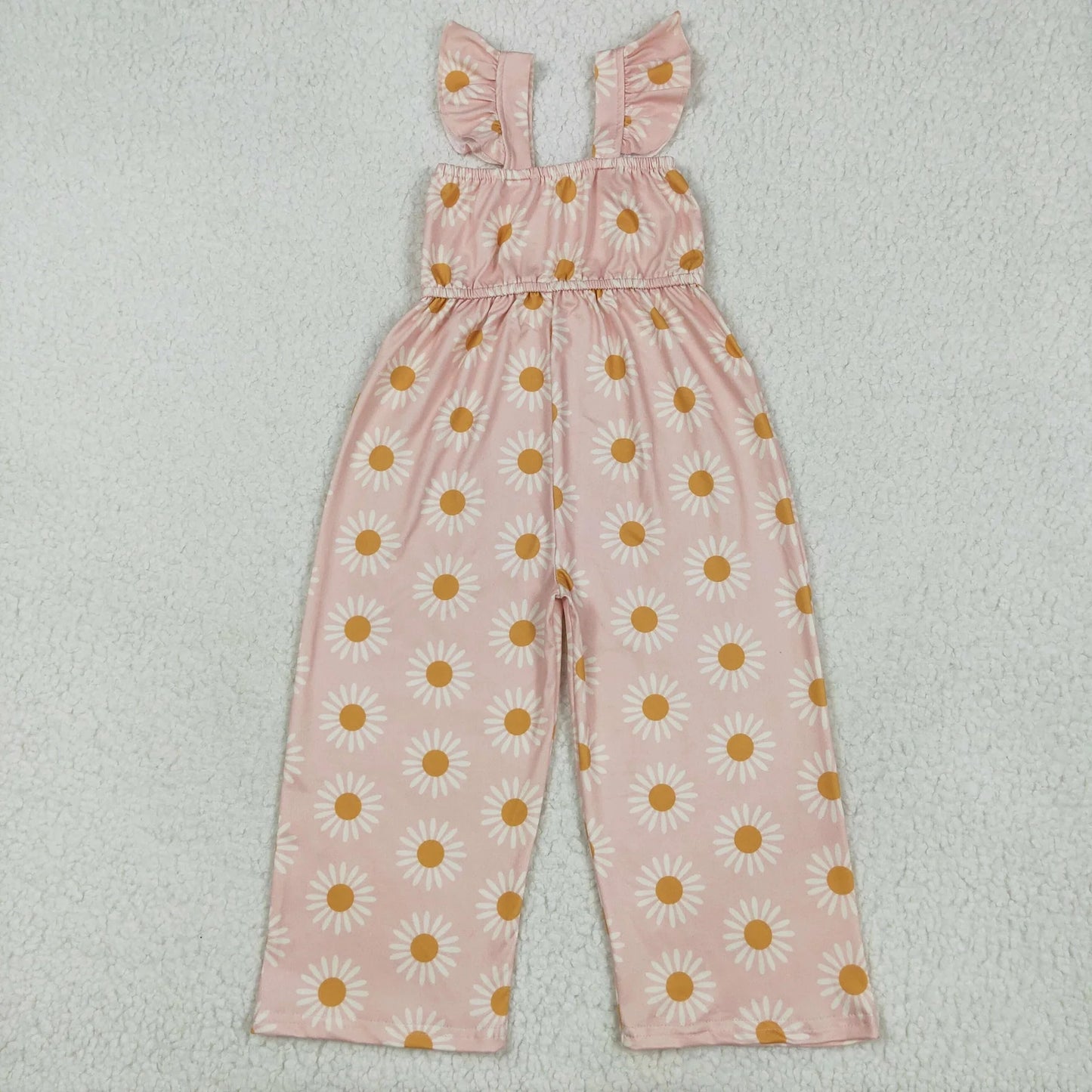 Sibling Baby Girls Flutter Sleeves Peach Daisy Flowers Leopard Bell Jumpsuits 5.24