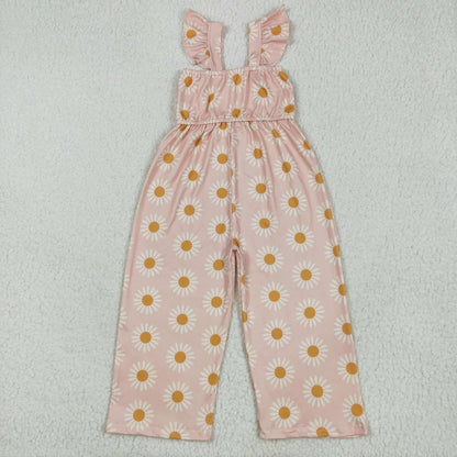Sibling Baby Girls Flutter Sleeves Peach Daisy Flowers Leopard Bell Jumpsuits 5.24