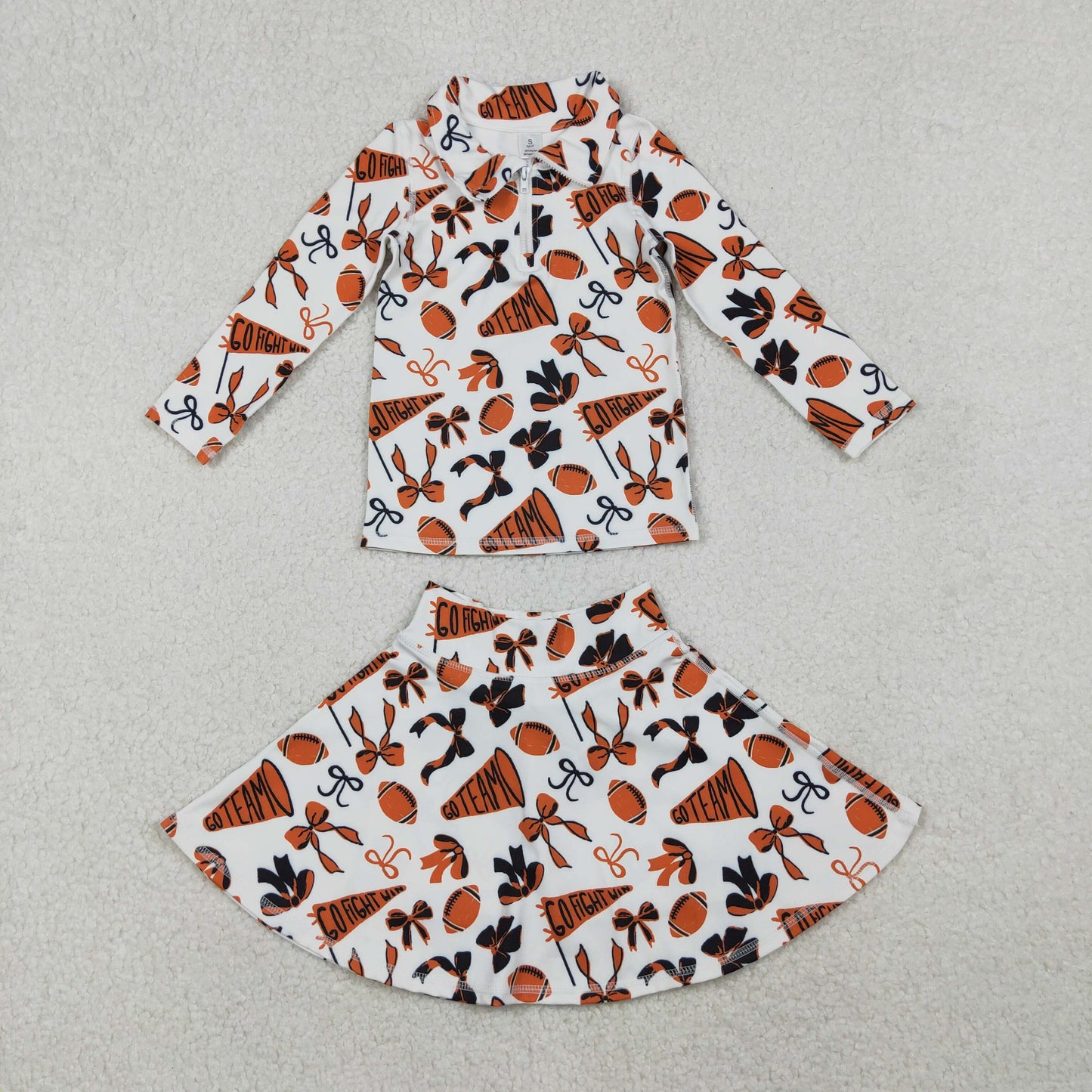 GLD1285 Baby Girls Orange Black Bows Go Team Yoga Zipper Pullovers Skorts Clothes Set C10.23