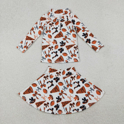 GLD1285 Baby Girls Orange Black Bows Go Team Yoga Zipper Pullovers Skorts Clothes Set C10.23