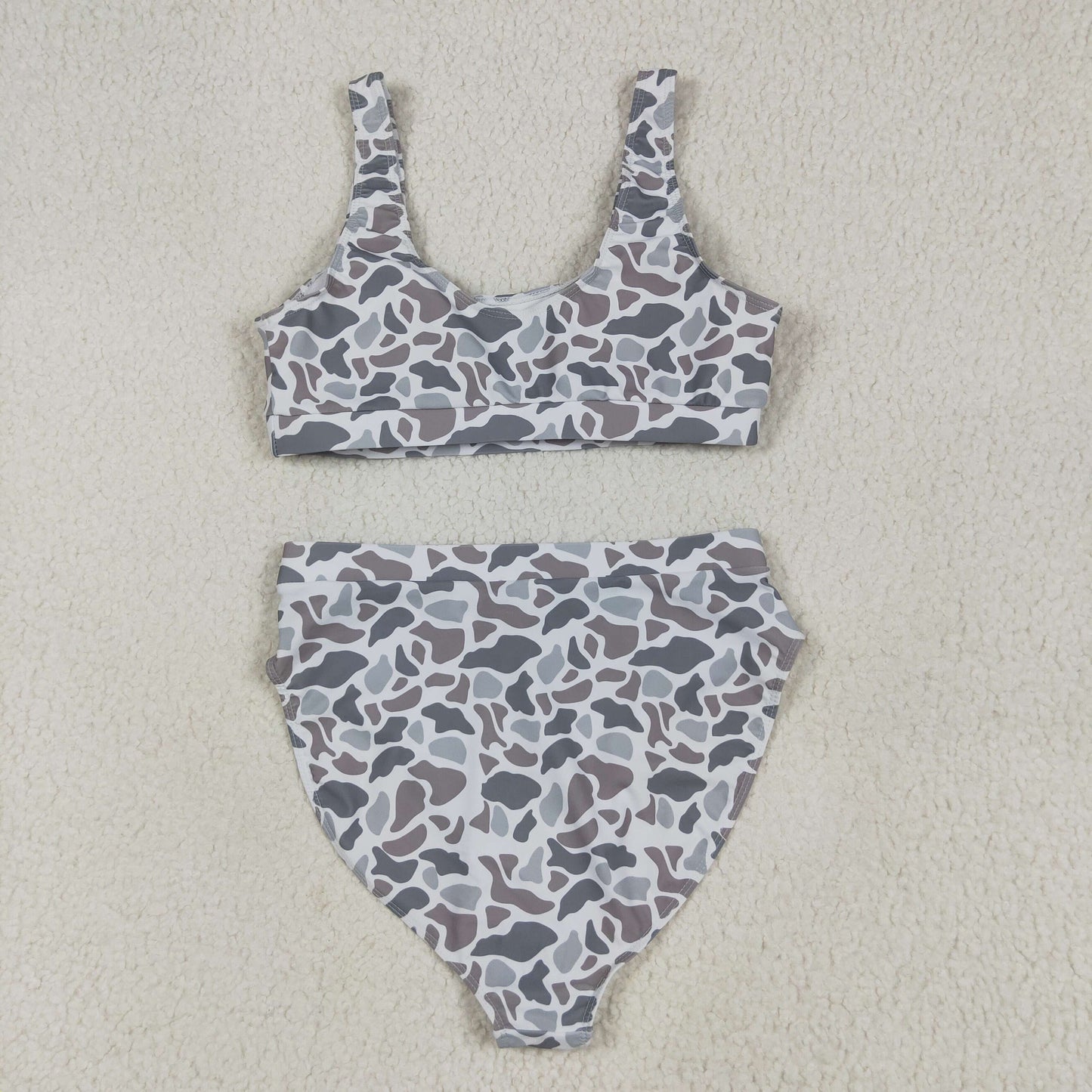 S0558 Adult Women Light Grey Camo Top Bottom Swimsuits Set