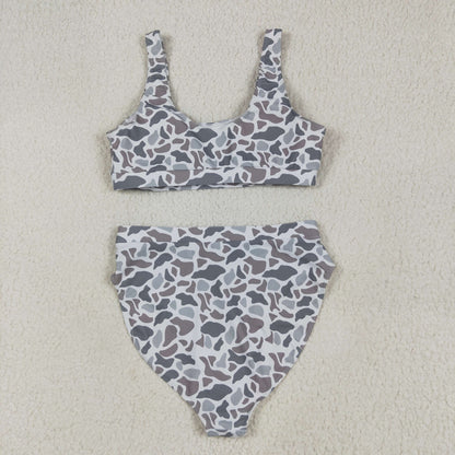 S0558 Adult Women Light Grey Camo Top Bottom Swimsuits Set