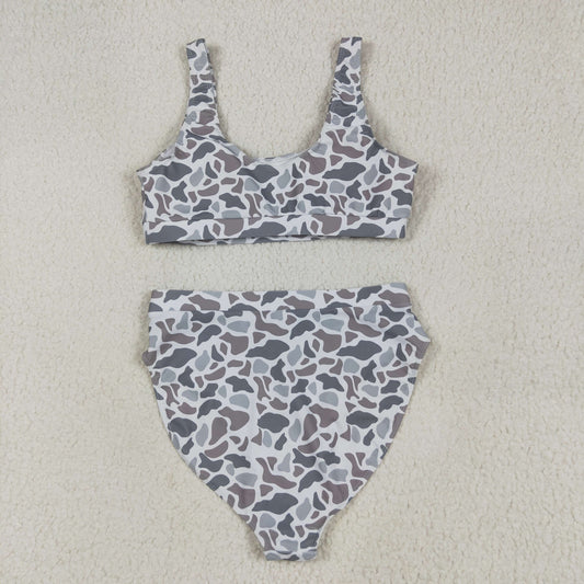 S0558 Adult Women Light Grey Camo Top Bottom Swimsuits Set