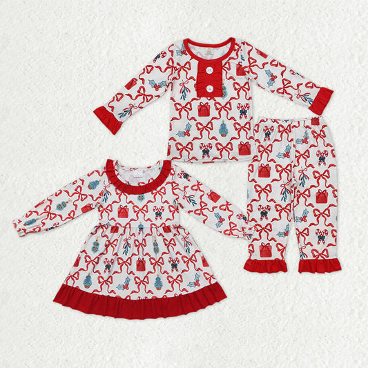 Sibling Baby Girls Christmas Candy Cane Holly Checked Ruffle Pant Pajamas Sets Knee Length Dress C12.1