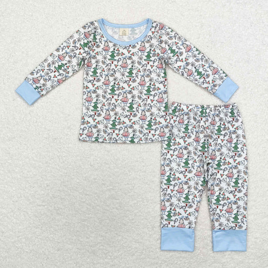 BLP0699 Bamboo Christmas Tree cane gift blue and white long sleeve pants pajamas set