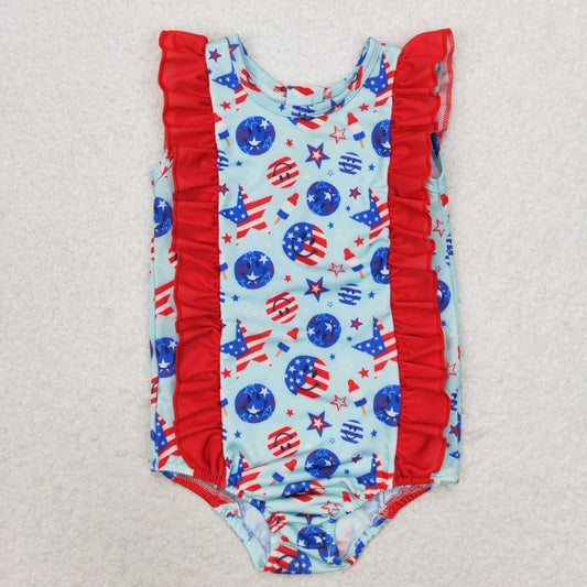 S0433 4th of July National Day Stars striped Popsicle lace blue one-piece swimsuit