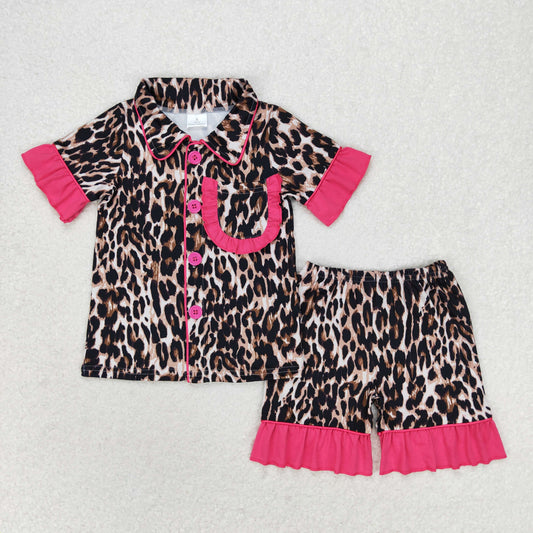 GSSO1121 Leopard print rose-red lace short-sleeved shorts pajama set