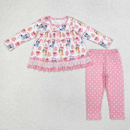 GLP1732 Baby Girls Christmas Dog Ruffle Top Legging Outfits Set